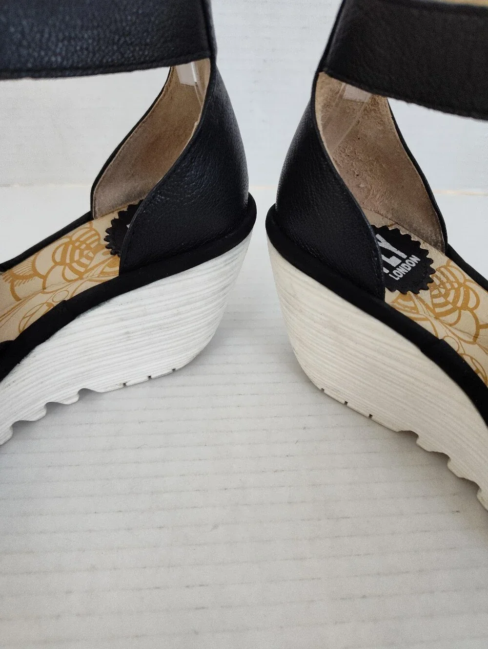 Fly London Yake Black Perforated Leather Ankle Strap Wedge Sandals sz 37 6-6.5
